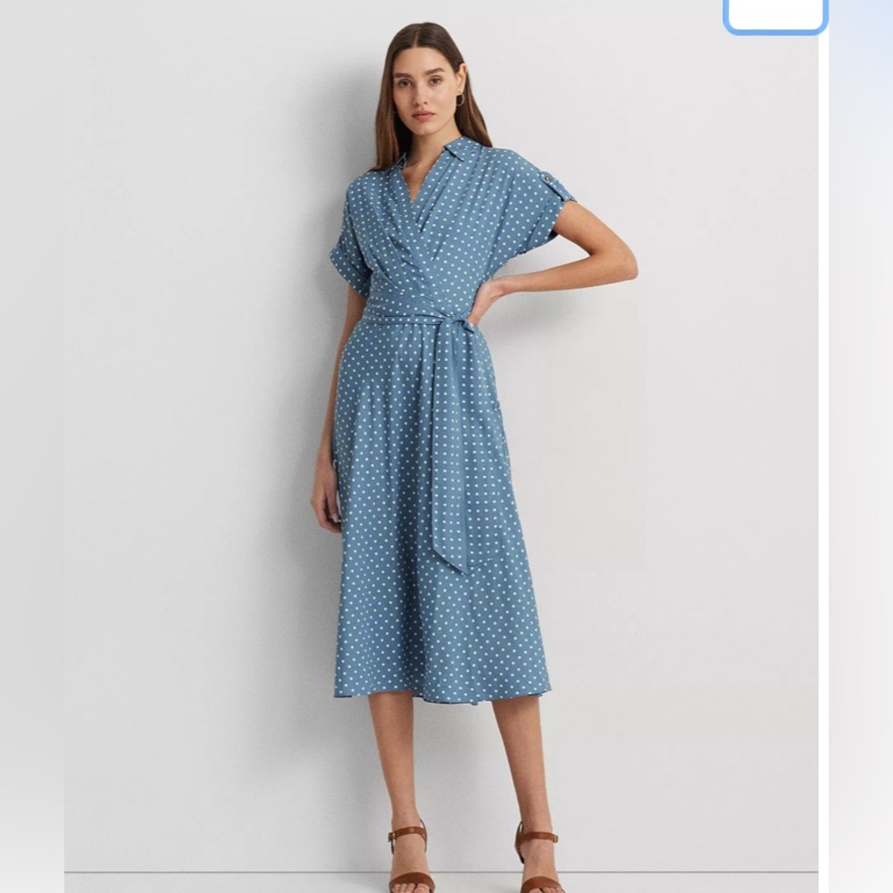 Ralph Lauren Women's Blue Polka-Dot Belted Crepe Dress 0 NWT
